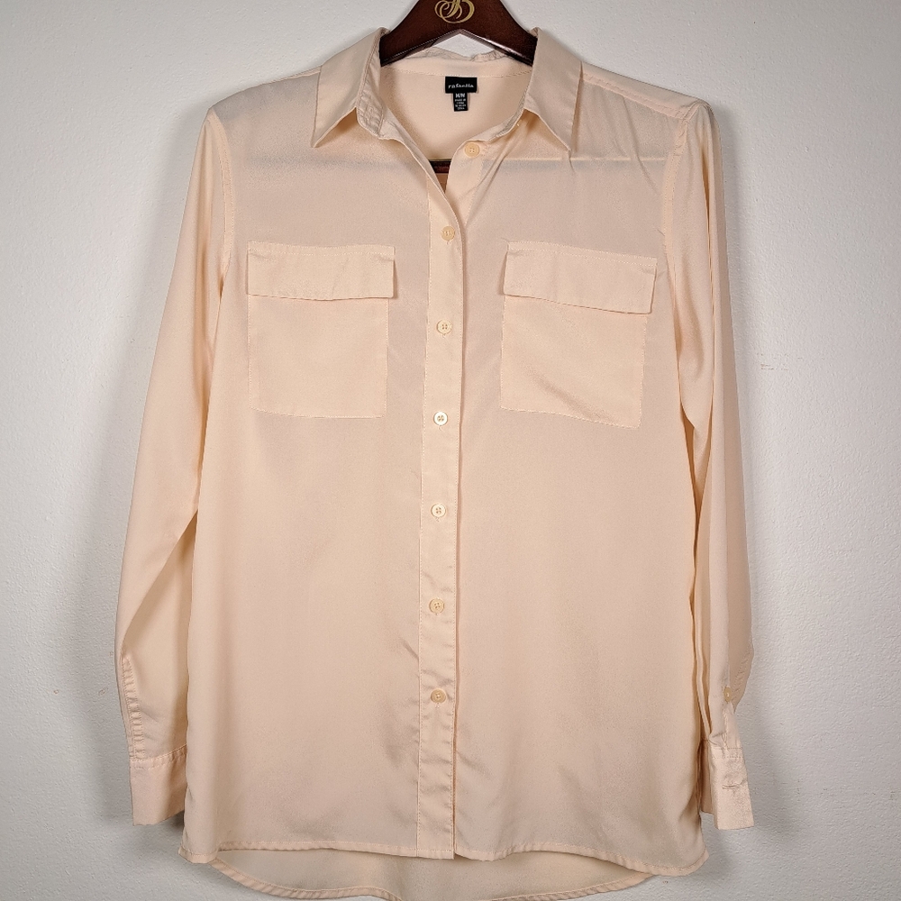 Rafaella Beige Cream Sheer Blouse Sz M Classic Button Down Office Long Sleeve